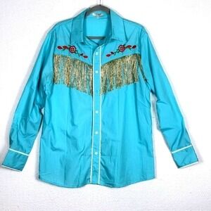 Turetrendy Turquoise Western Fringe Shirt Gold Tinsel Floral Embroidered Large